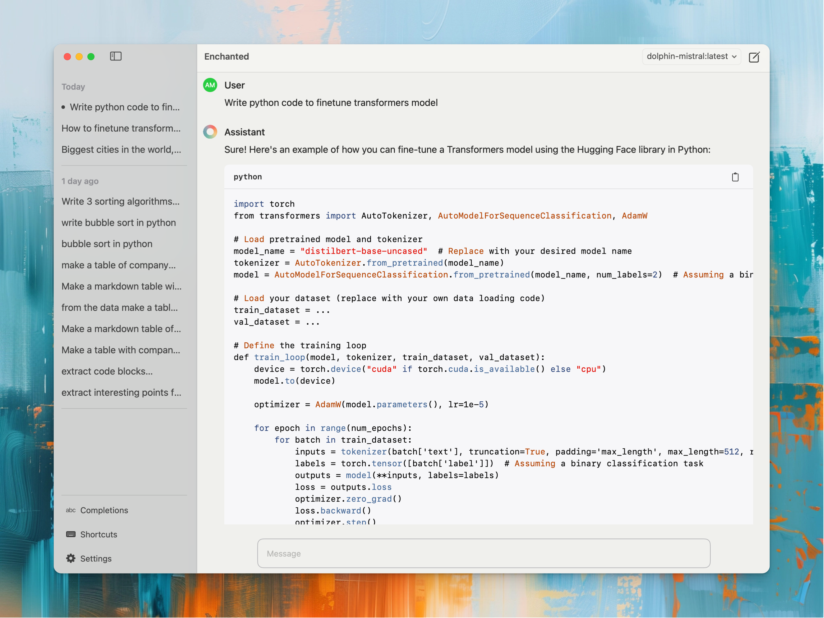 Enchanted on macOS chatting with a locally hosted dolphin-mistral model