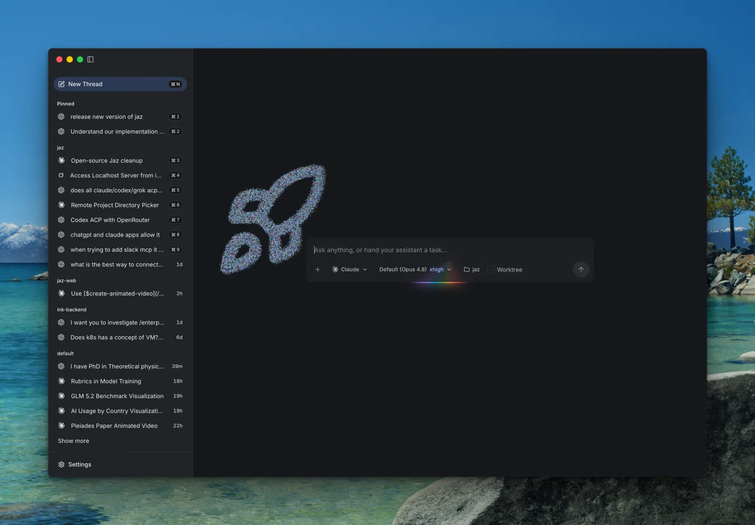 A Jaz thread: chat on the left, agent picker and tools alongside